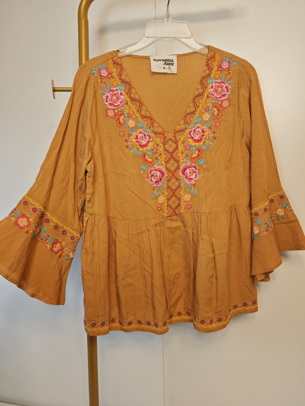 Savanna Jane Boho Golden Embroidered Floral V-Neck Peasant Top Bell Sleeve Sz M